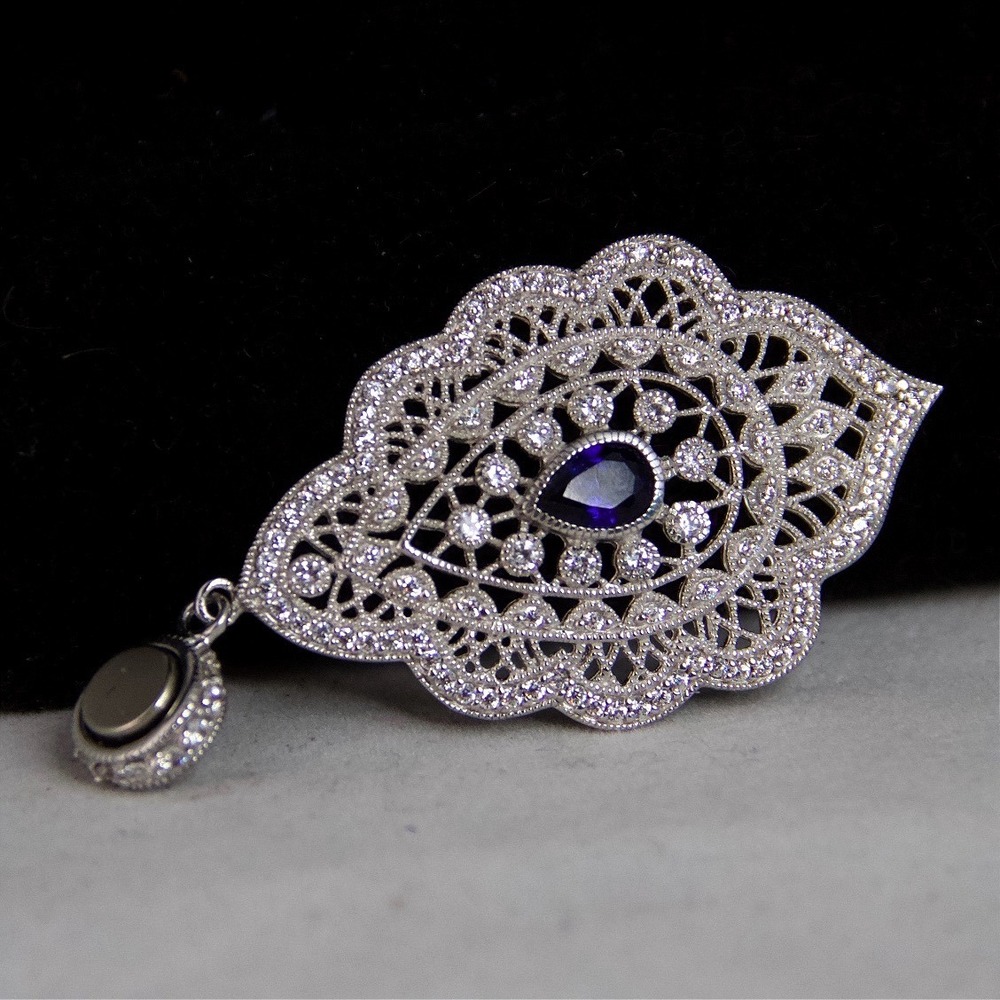 ESPO Sterling Silver 925 CZ Blue Sapphire Magnetic Snap Filigree Pendant - Picture 6 of 8